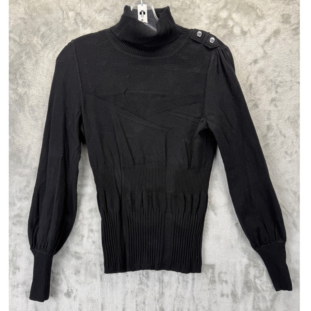 Karen Millen Black Ribbed Turtleneck Sweater Button Shoulder Balloon Sleeve Sz 2